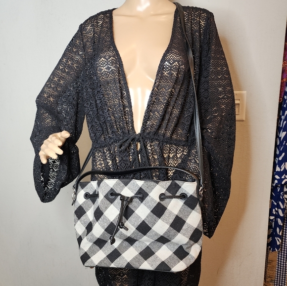 Talbots Crossbody Bucket bag leathe4 wool-blend black white checkered - Picture 15 of 15